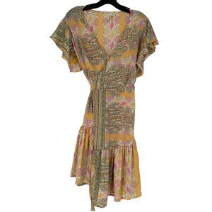 Raga Women's Midi Wrap Dress Yellow Floral V Neck Boho Size Small‎